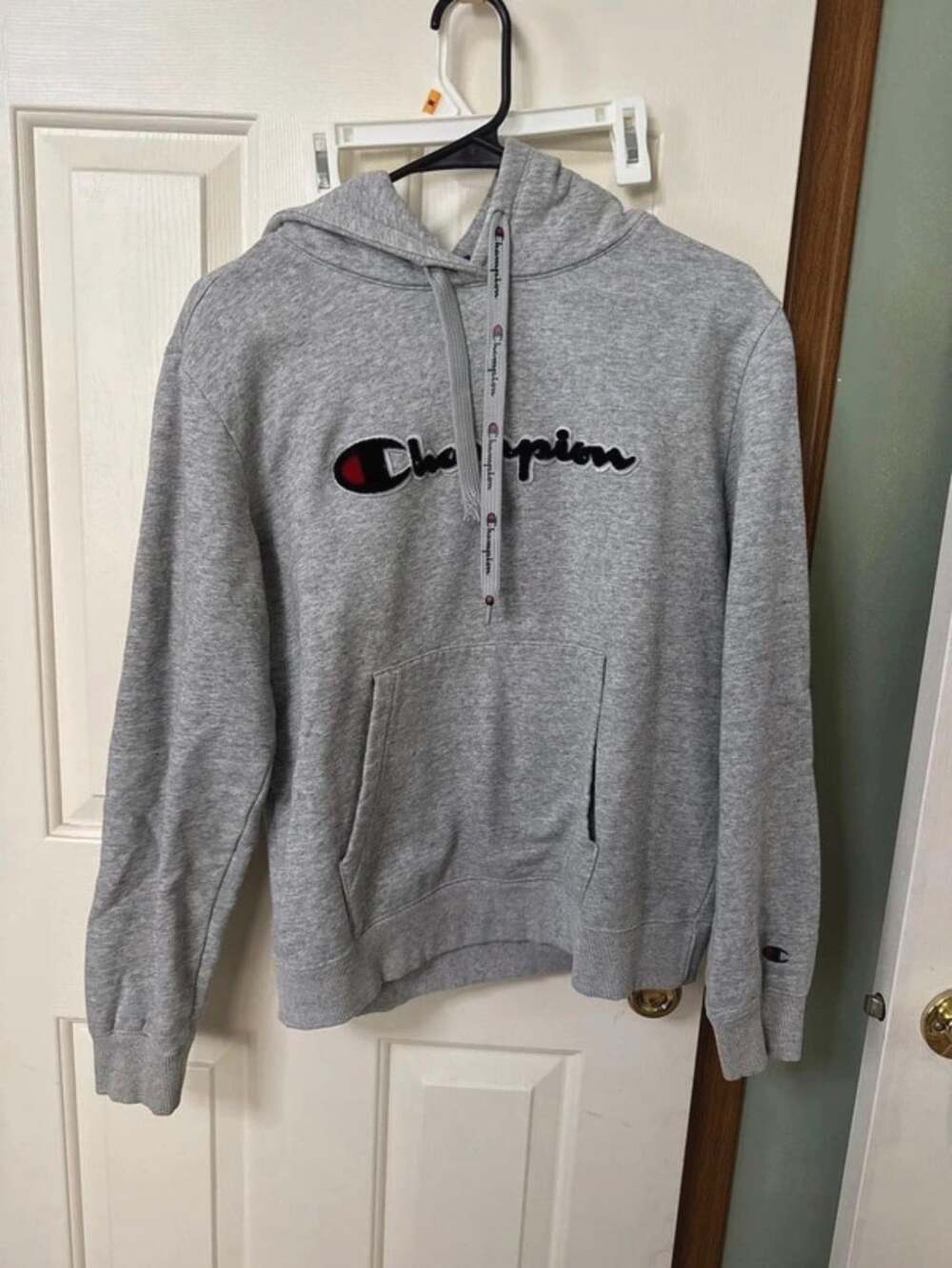 Champion Hoodie Gray Script Logo Damaged Drawstring
